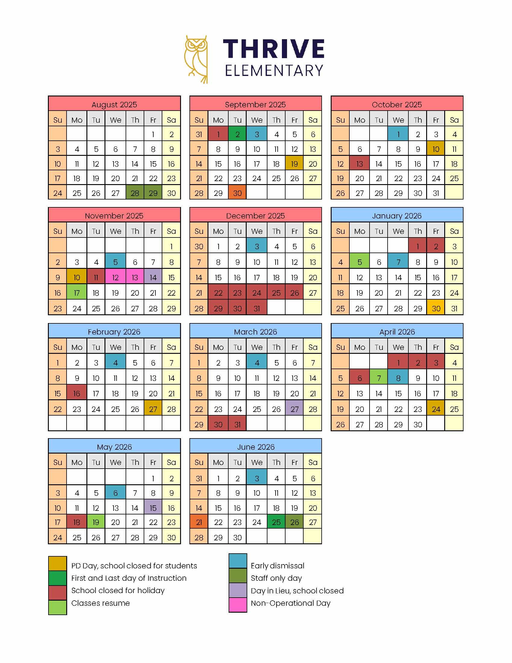 Thrive Elementary 2025-2026 School Calendar