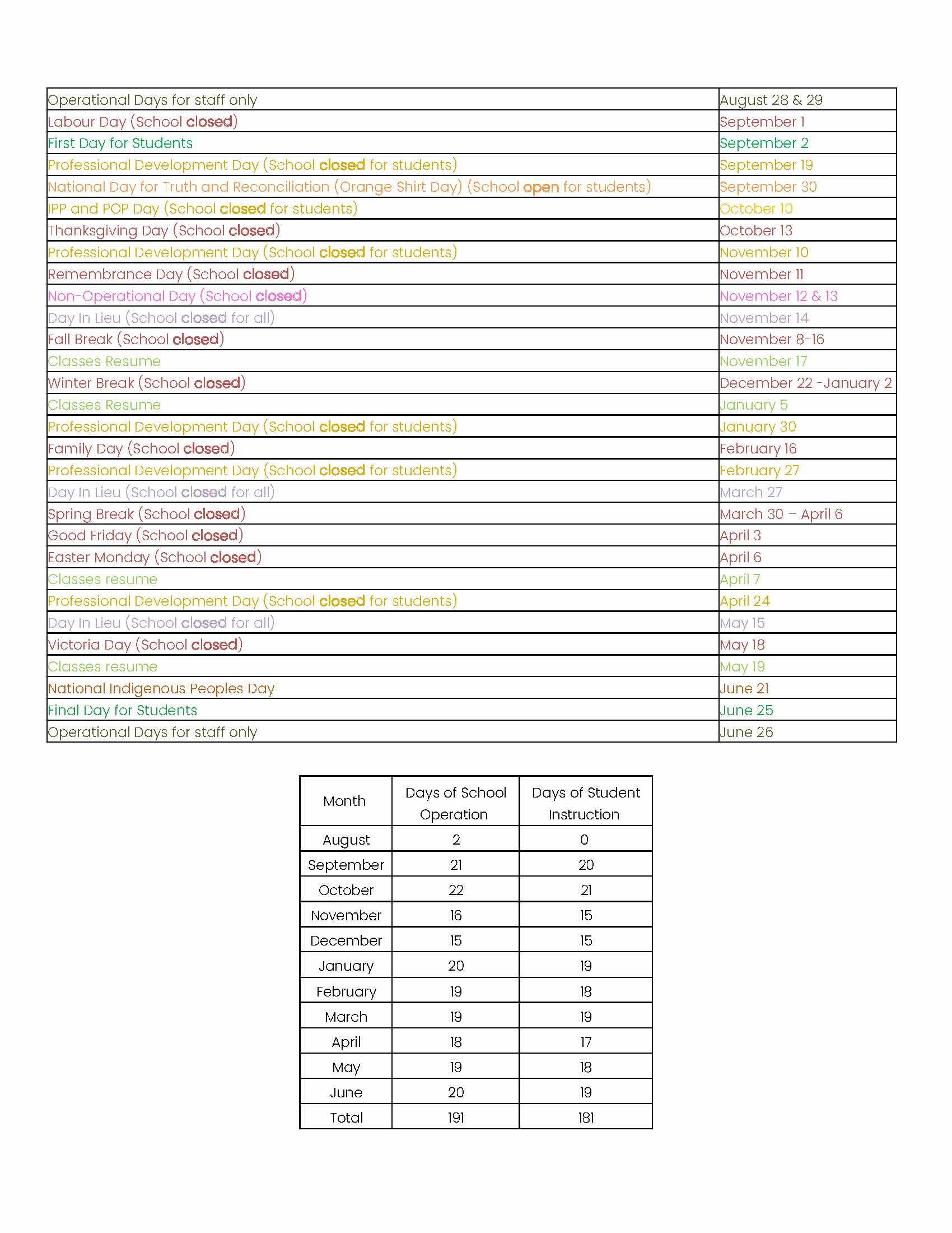 Thrive School Days 2025-2026